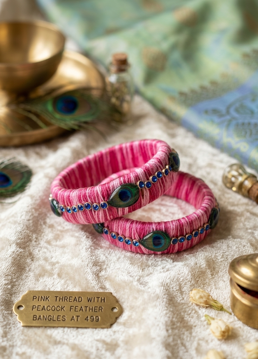 Pink Thread with Peacock Feather Bangles