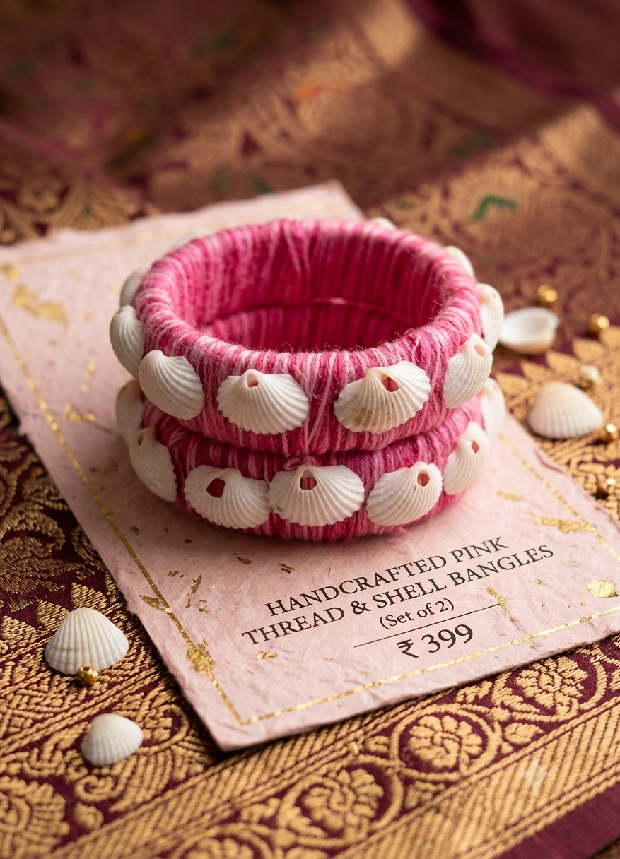 Handcrafted Pink Thread & Shell Bangles (Set of 2)