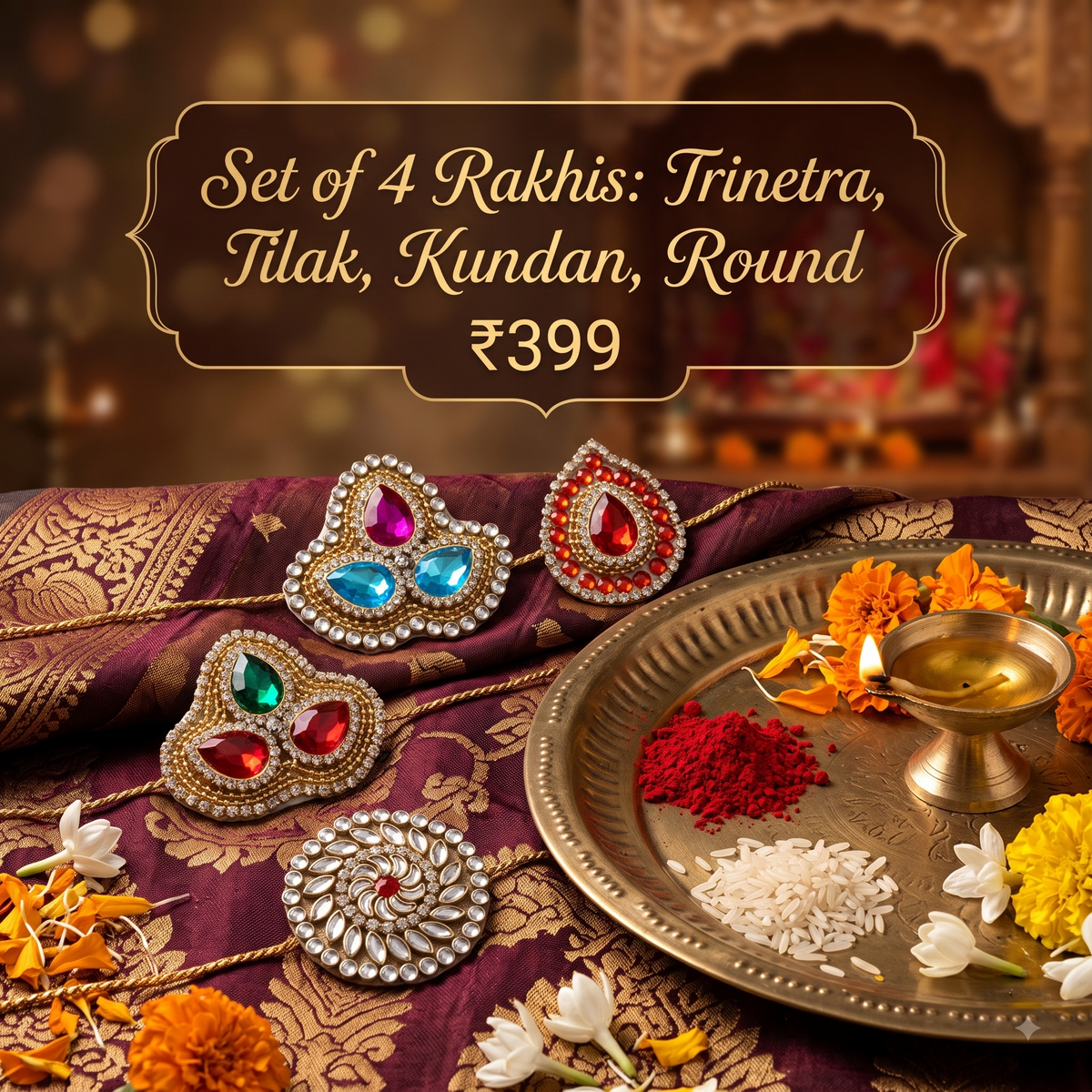 Set Of 4 Rakhis: Trinetra, Tilak , Kundan, Round
