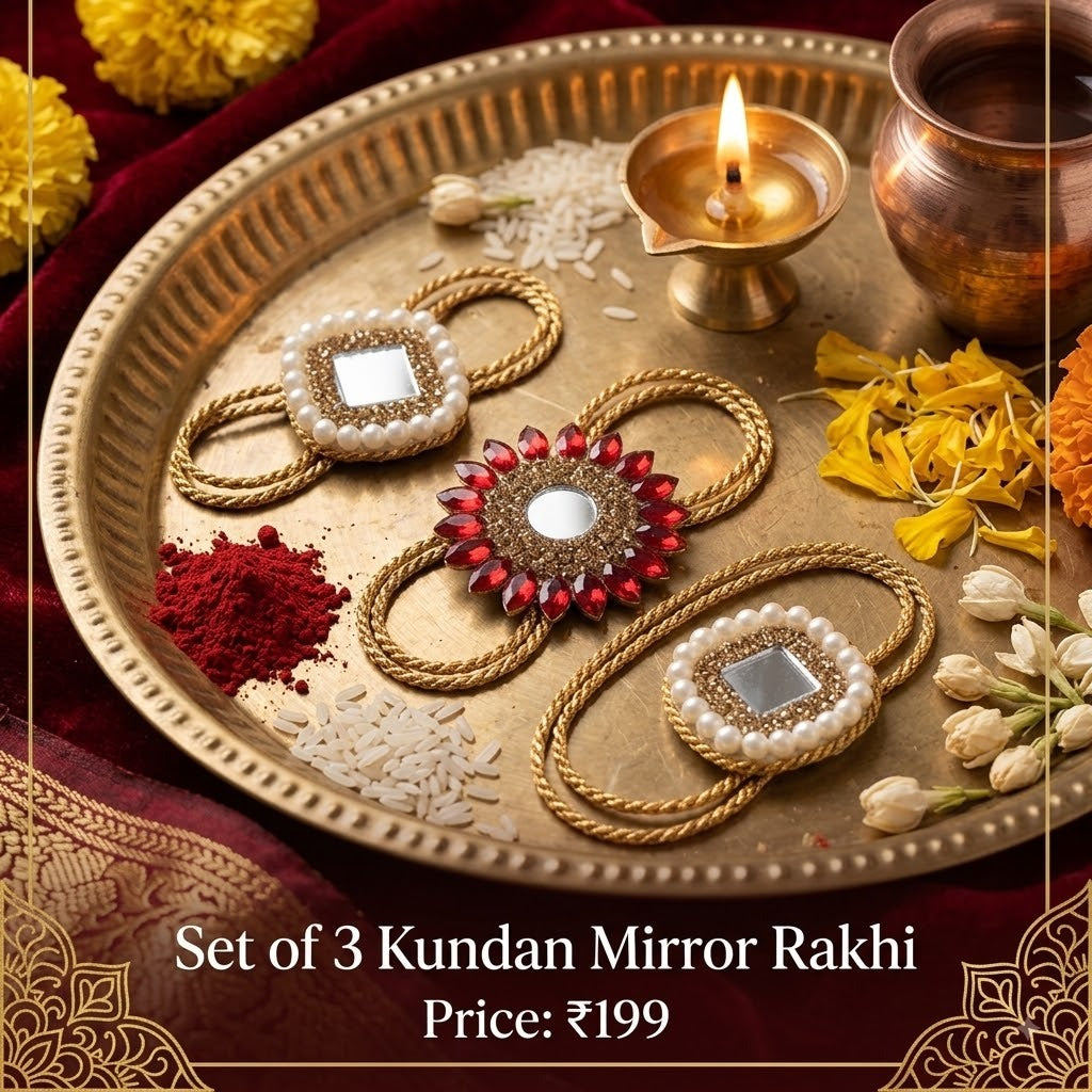 Set Of 3 Kundan Mirror Rakhi